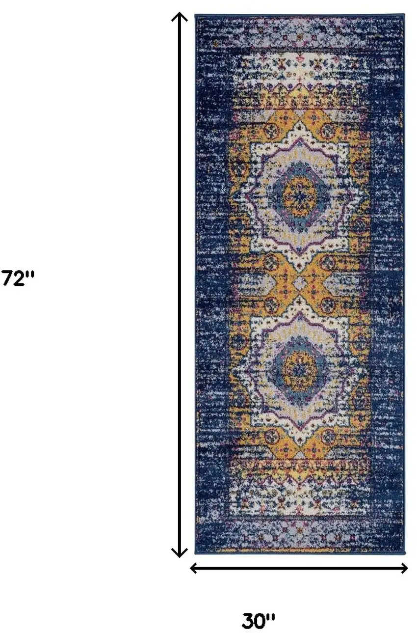 6' Blue and Orange Medallion Power Loom Runner Rug Photo 6