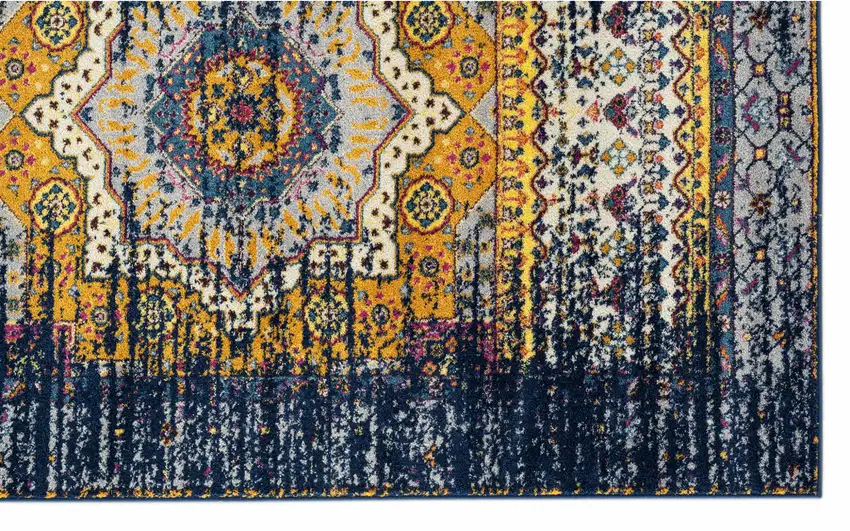 6' Blue and Orange Medallion Power Loom Runner Rug Photo 2