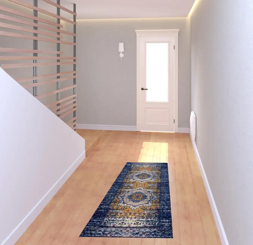 6' Blue and Orange Medallion Power Loom Runner Rug Photo 3