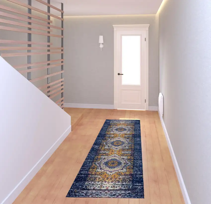 7' Blue and Orange Medallion Power Loom Runner Rug Photo 3