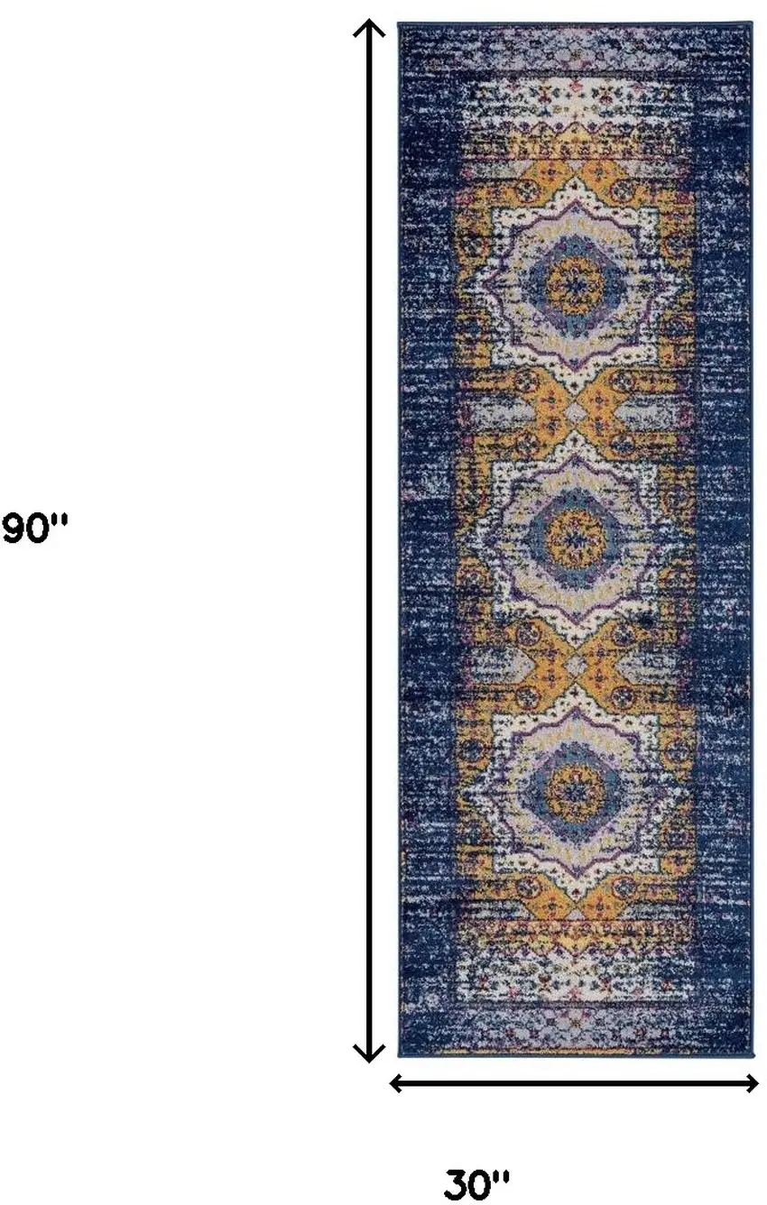 7' Blue and Orange Medallion Power Loom Runner Rug Photo 6