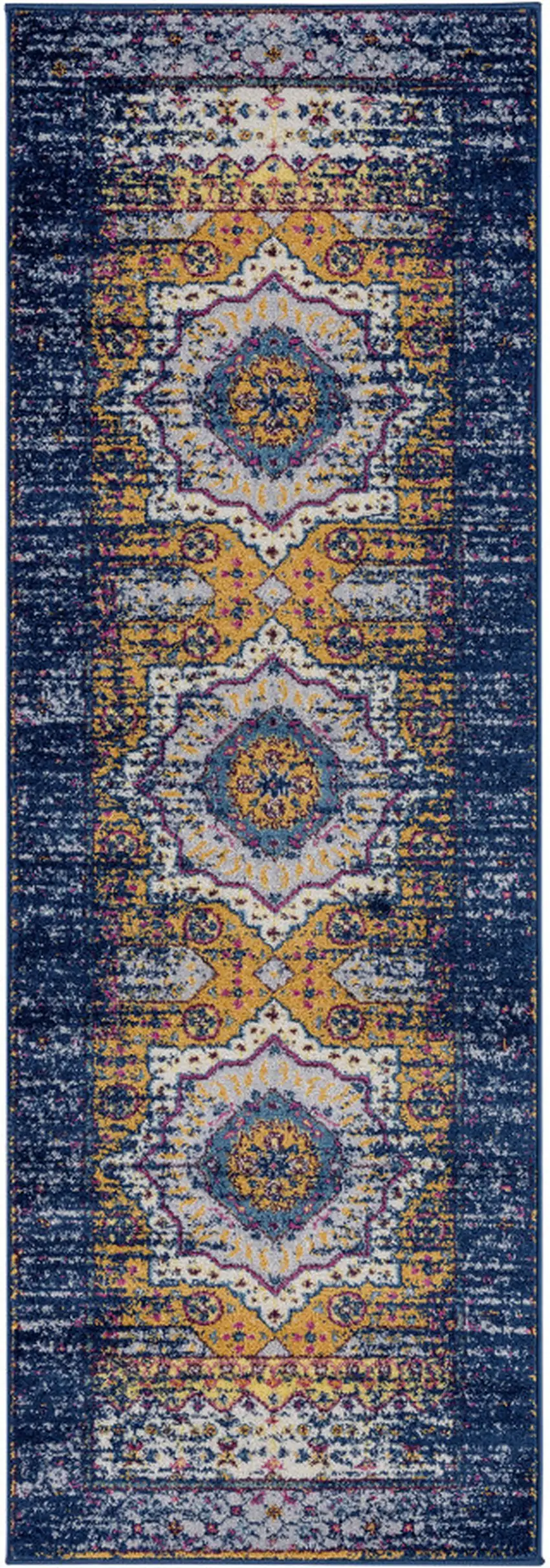 7' Blue and Orange Medallion Power Loom Runner Rug Photo 1