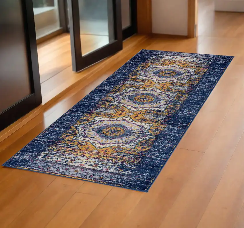 7' Blue and Orange Medallion Power Loom Runner Rug Photo 1
