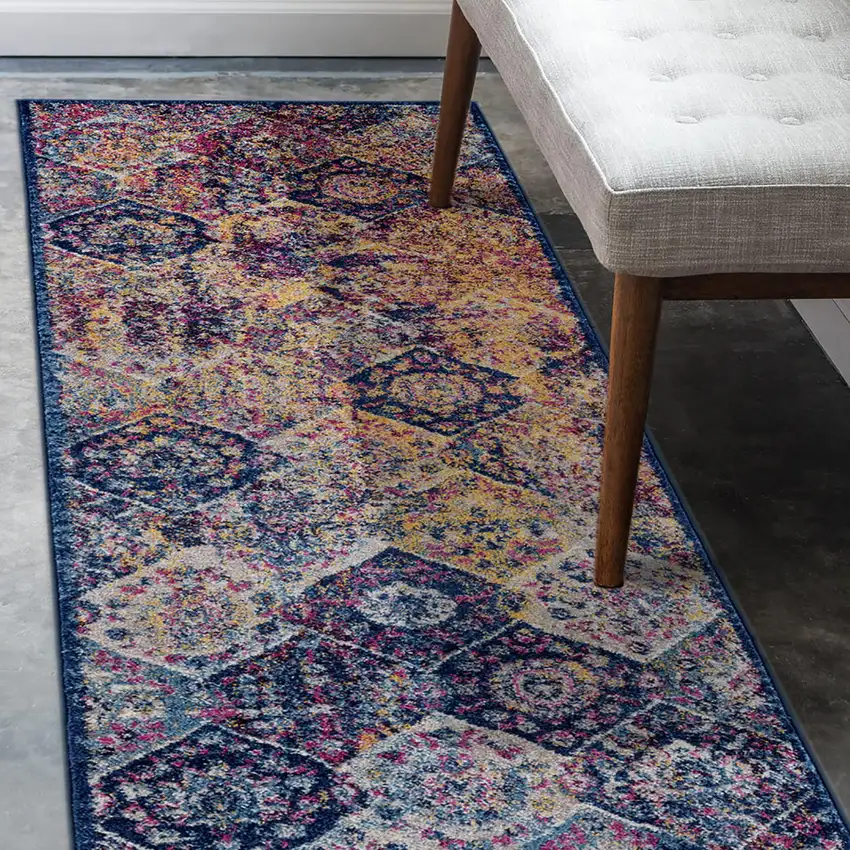 6' Blue and Orange Moroccan Power Loom Runner Rug Photo 5