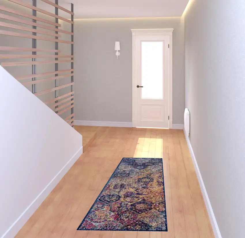 6' Blue and Orange Moroccan Power Loom Runner Rug Photo 2