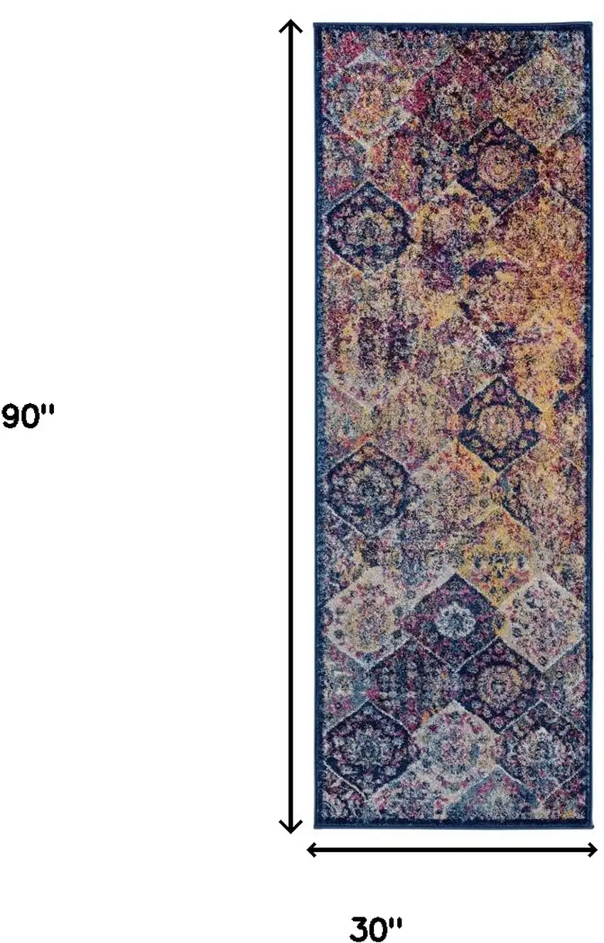 7' Blue and Orange Moroccan Power Loom Runner Rug Photo 6