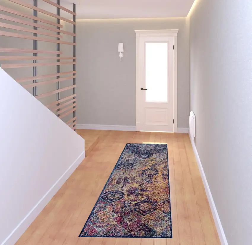 7' Blue and Orange Moroccan Power Loom Runner Rug Photo 3
