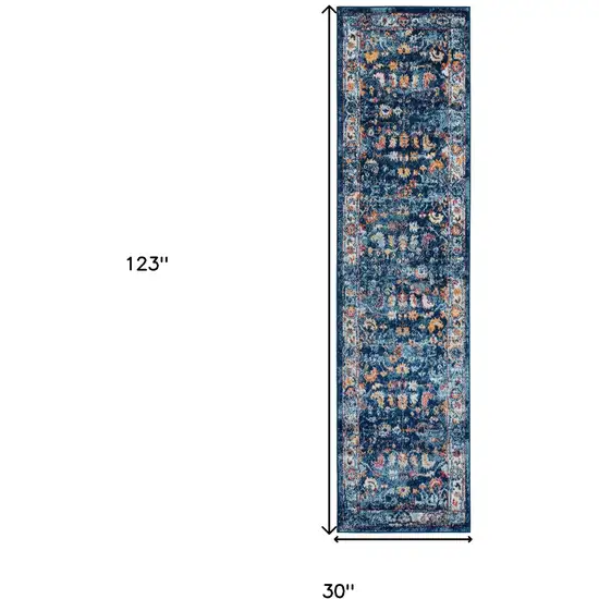 10' Blue and Orange Oriental Power Loom Runner Rug Photo 6