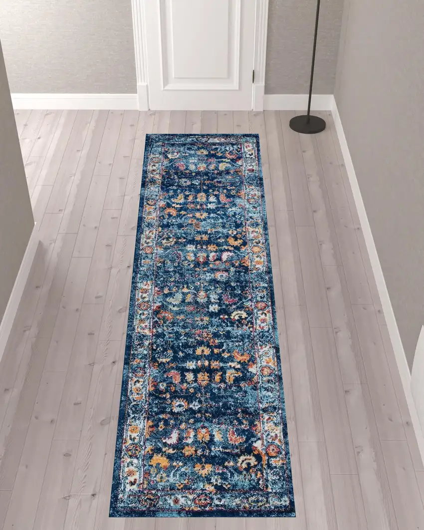 10' Blue and Orange Oriental Power Loom Runner Rug Photo 3