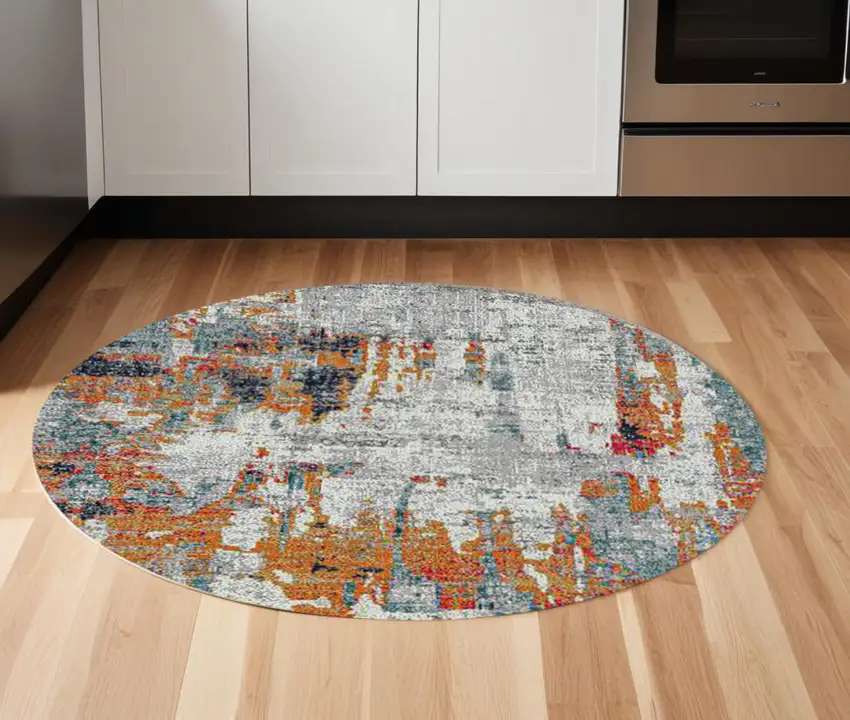 7' Blue and Orange Round Abstract Power Loom Area Rug Photo 1