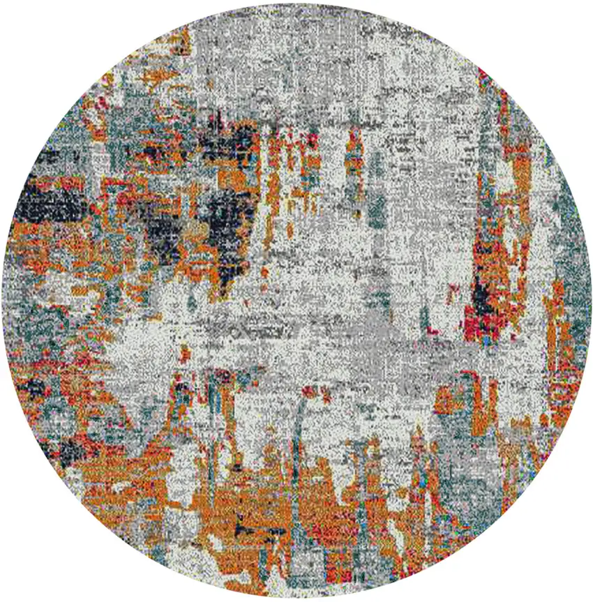7' Blue and Orange Round Abstract Power Loom Area Rug Photo 1
