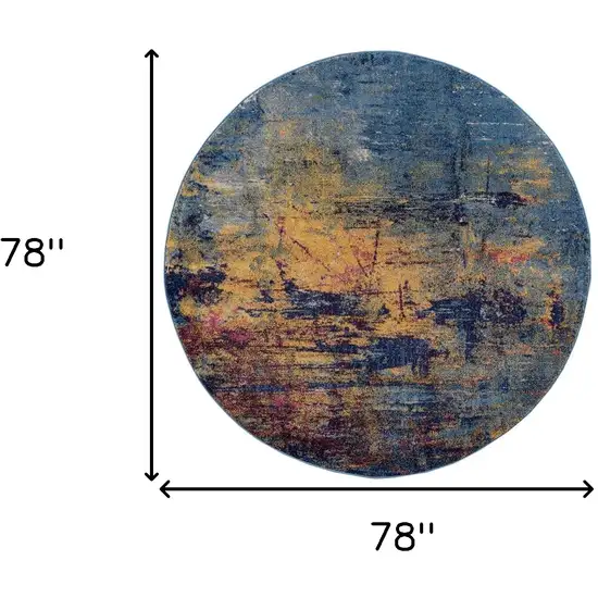 6' Blue and Orange Round Abstract Power Loom Area Rug Photo 5