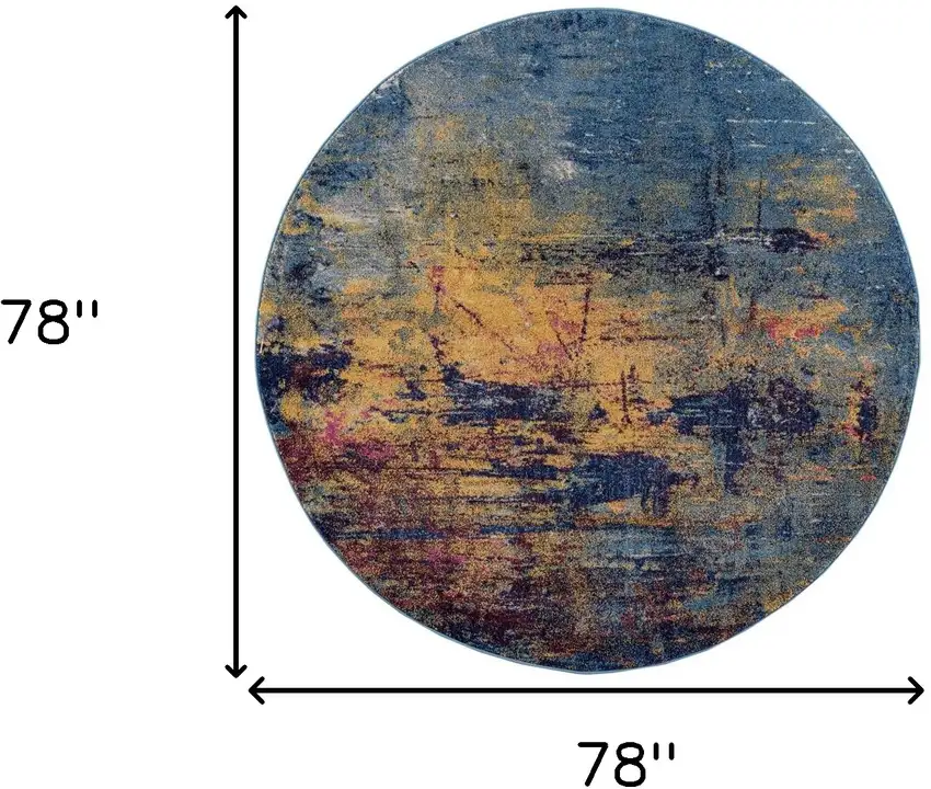 6' Blue and Orange Round Abstract Power Loom Area Rug Photo 5