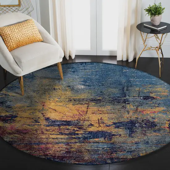 6' Blue and Orange Round Abstract Power Loom Area Rug Photo 4