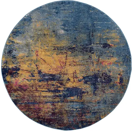 6' Blue and Orange Round Abstract Power Loom Area Rug Photo 1