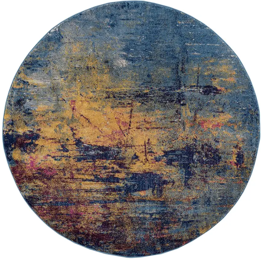 6' Blue and Orange Round Abstract Power Loom Area Rug Photo 1