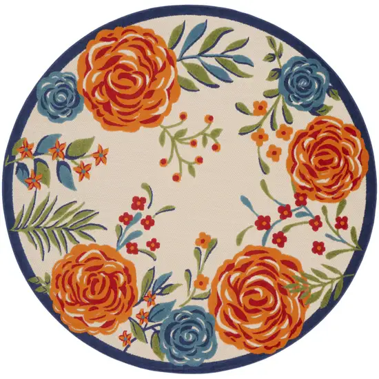 8' Ivory Orange and Blue Round Floral Indoor Outdoor Area Rug Photo 3