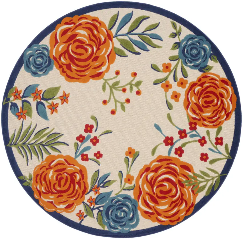 8' Ivory Orange and Blue Round Floral Indoor Outdoor Area Rug Photo 3