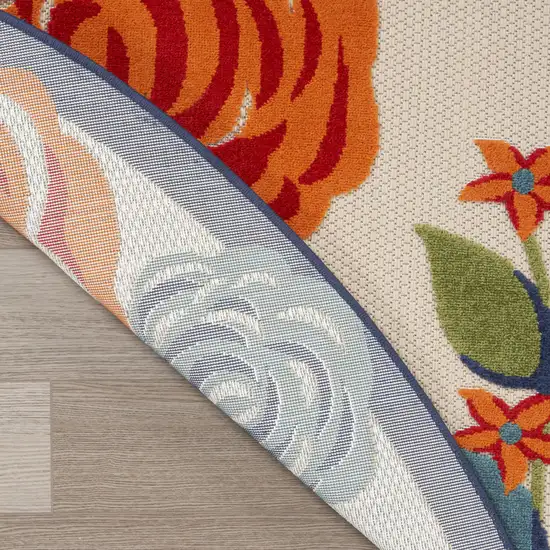 8' Ivory Orange and Blue Round Floral Indoor Outdoor Area Rug Photo 8