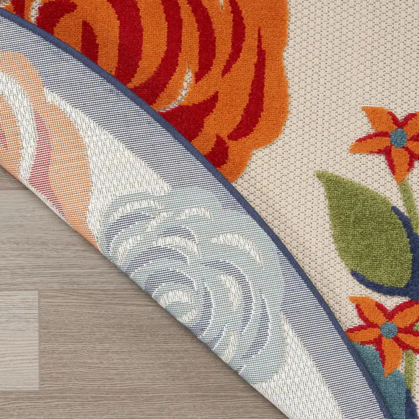 8' Ivory Orange and Blue Round Floral Indoor Outdoor Area Rug Photo 8