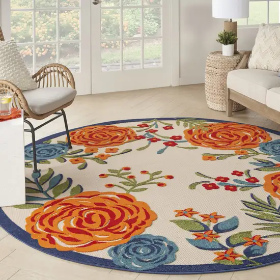 8' Ivory Orange and Blue Round Floral Indoor Outdoor Area Rug Photo 9