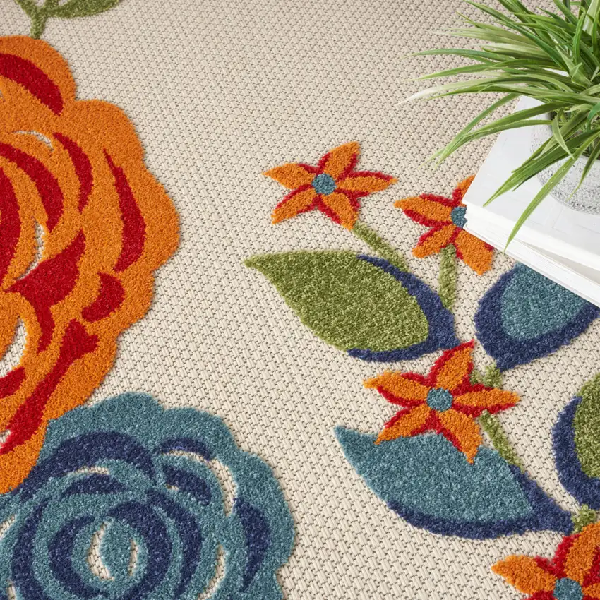 8' Ivory Orange and Blue Round Floral Indoor Outdoor Area Rug Photo 6