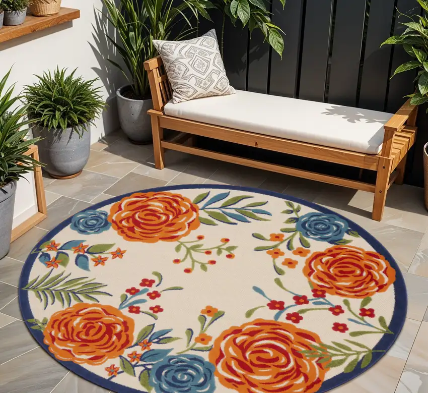 8' Ivory Orange and Blue Round Floral Indoor Outdoor Area Rug Photo 1