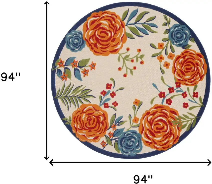 8' Blue and Orange Round Floral Power Loom Area Rug Photo 9