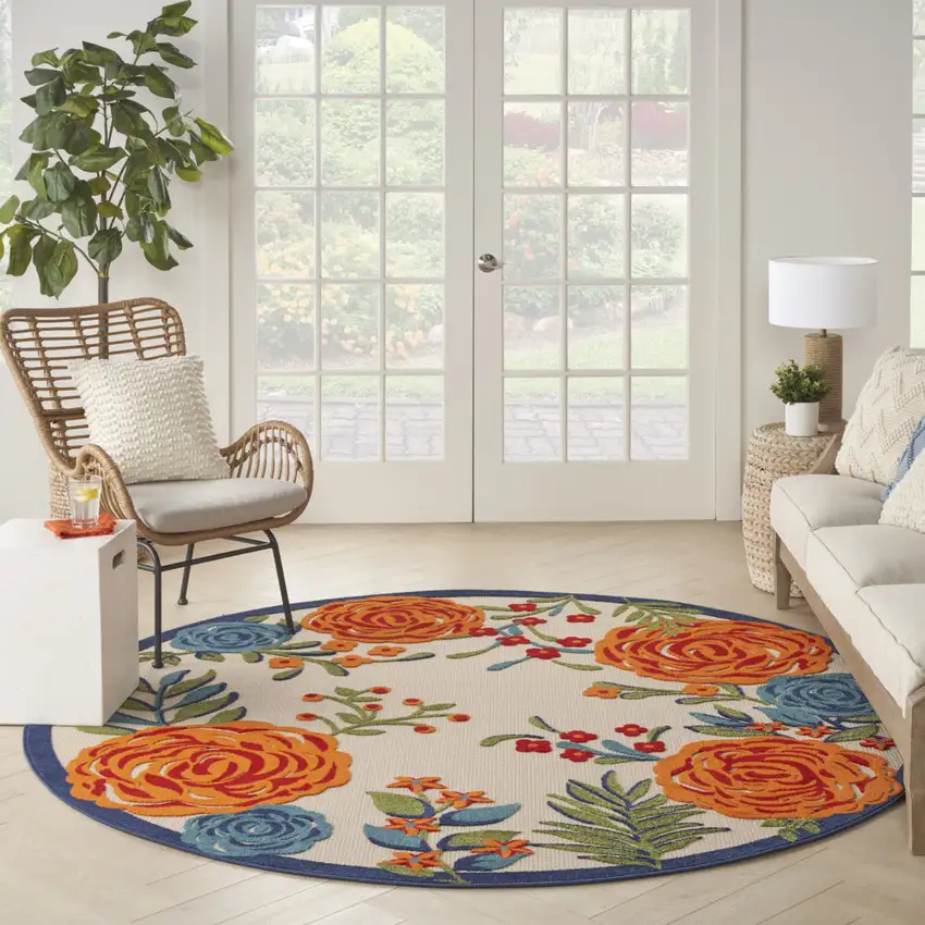 8' Blue and Orange Round Floral Power Loom Area Rug Photo 8