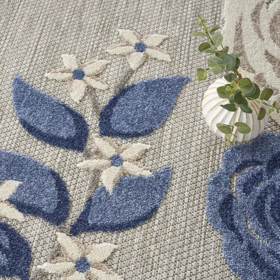 8' Blue and Gray Round Floral Indoor Outdoor Area Rug Photo 7