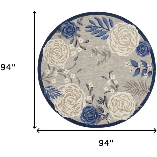 8' Blue and Gray Round Floral Indoor Outdoor Area Rug Photo 3