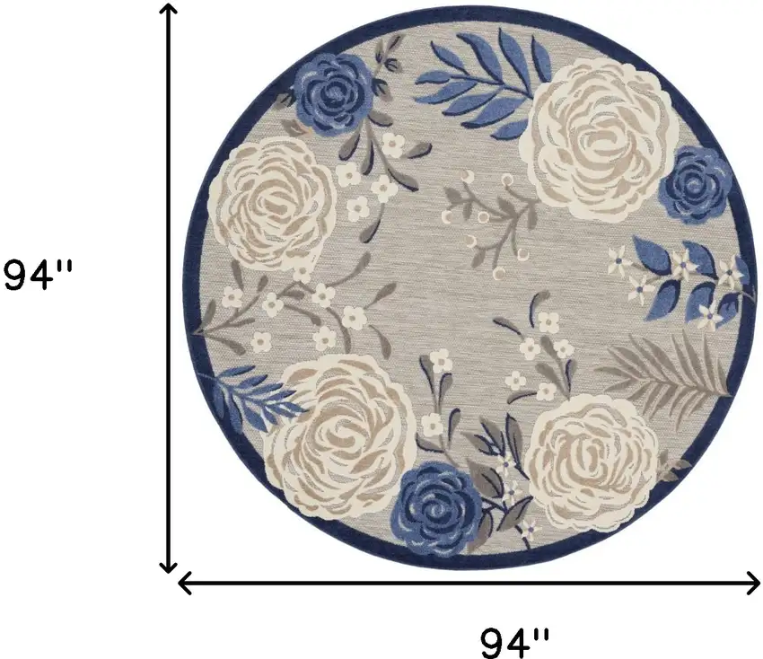 8' Blue and Gray Round Floral Indoor Outdoor Area Rug Photo 3