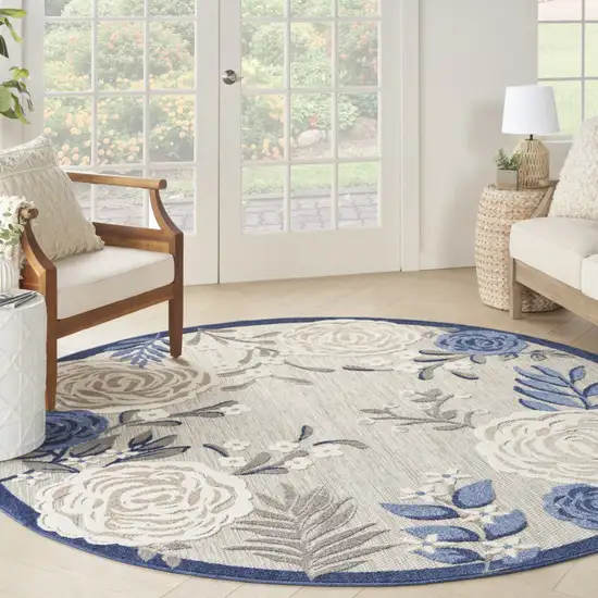 8' Blue and Gray Round Floral Indoor Outdoor Area Rug Photo 9
