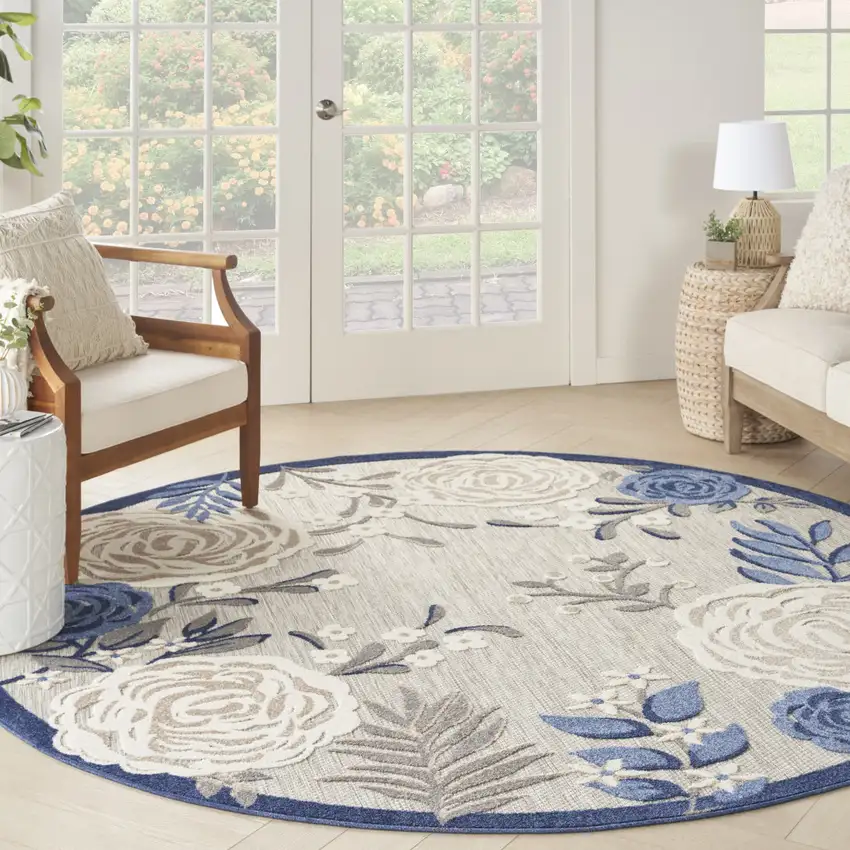8' Blue and Gray Round Floral Indoor Outdoor Area Rug Photo 9