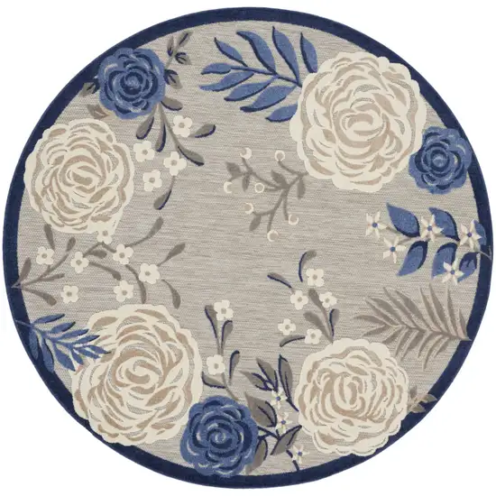 8' Blue and Gray Round Floral Indoor Outdoor Area Rug Photo 3