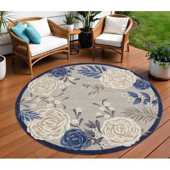 8' Blue and Gray Round Floral Indoor Outdoor Area Rug Photo 1