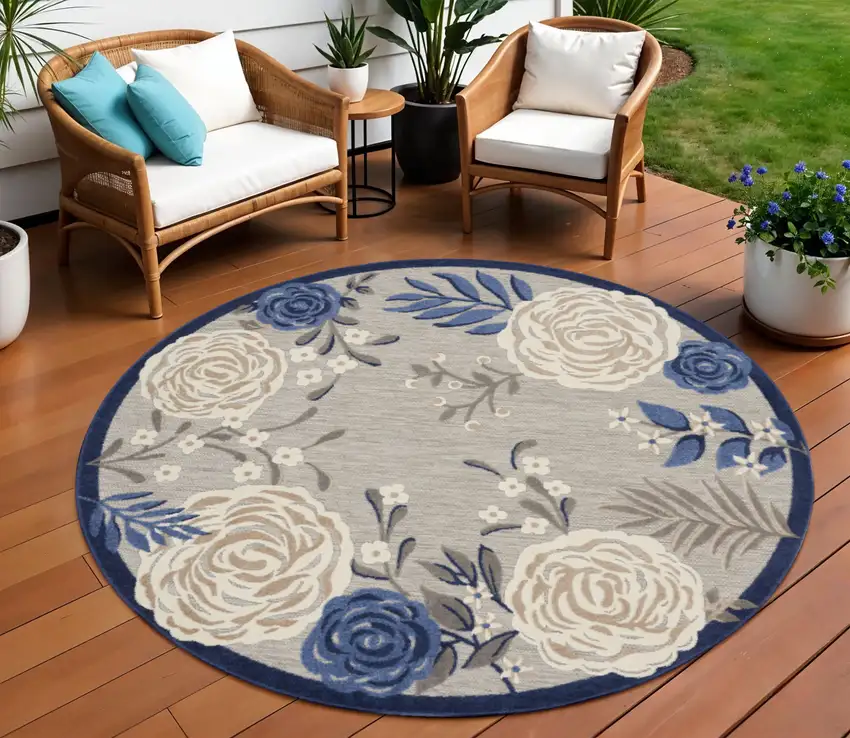 8' Blue and Gray Round Floral Indoor Outdoor Area Rug Photo 1