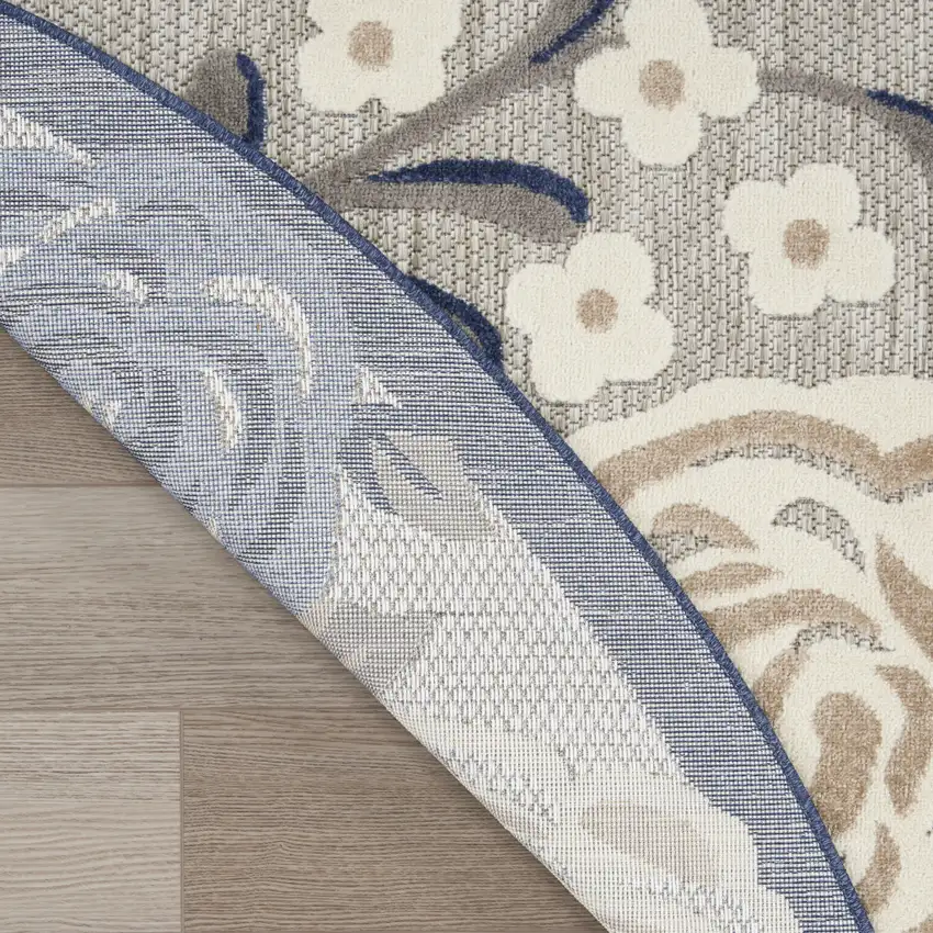 8' Blue and Gray Round Floral Indoor Outdoor Area Rug Photo 8