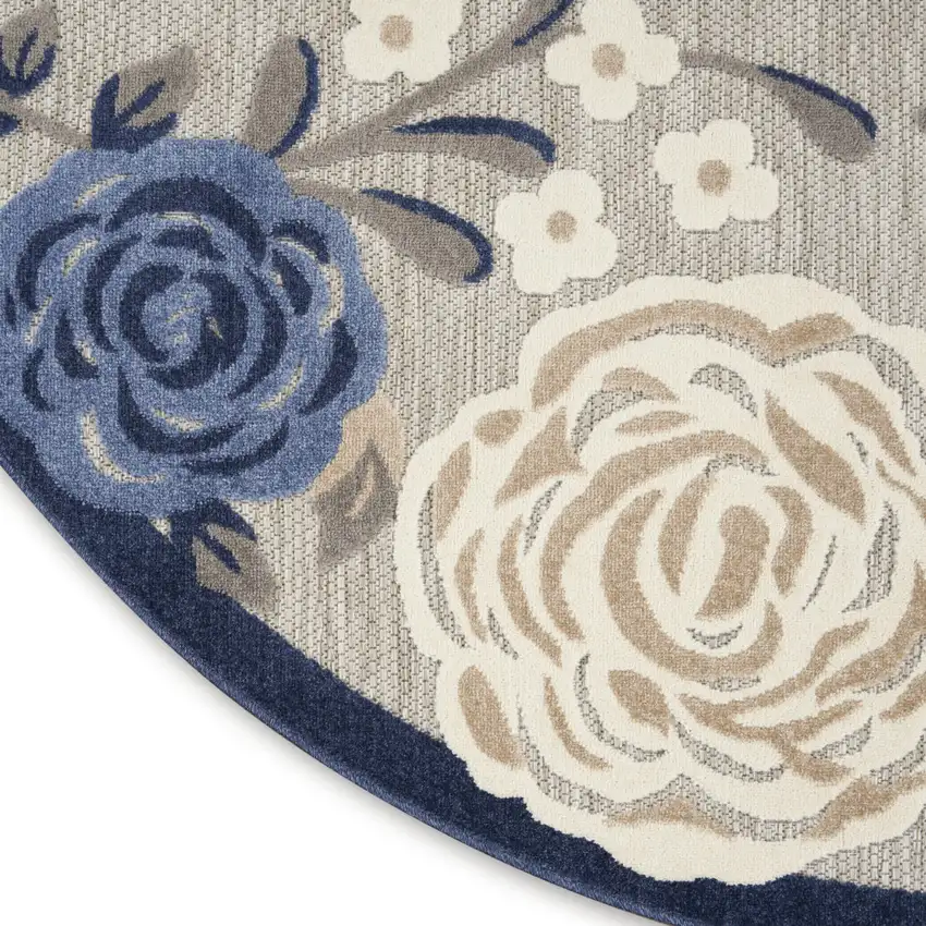 8' Blue and Gray Round Floral Indoor Outdoor Area Rug Photo 4