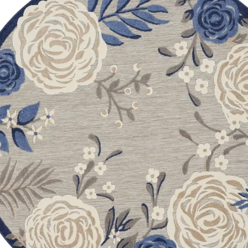 8' Blue and Gray Round Floral Indoor Outdoor Area Rug Photo 6