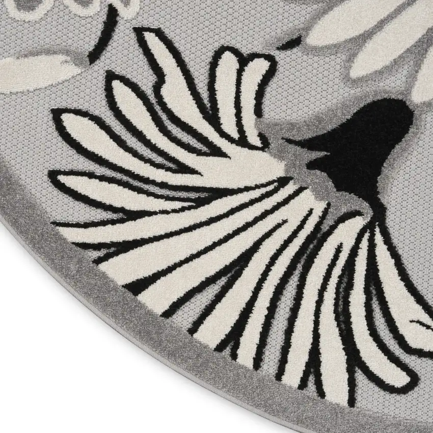 8' Black and White Round Floral Indoor Outdoor Area Rug Photo 5