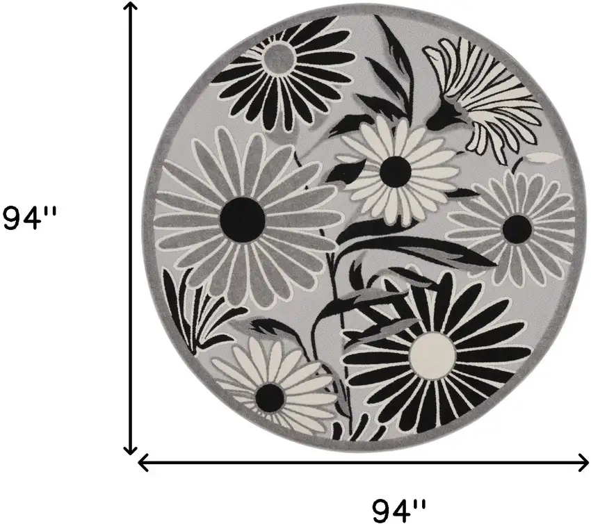 8' Black and White Round Floral Indoor Outdoor Area Rug Photo 3