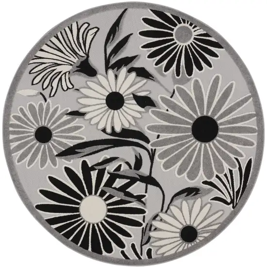 8' Black and White Round Floral Indoor Outdoor Area Rug Photo 3