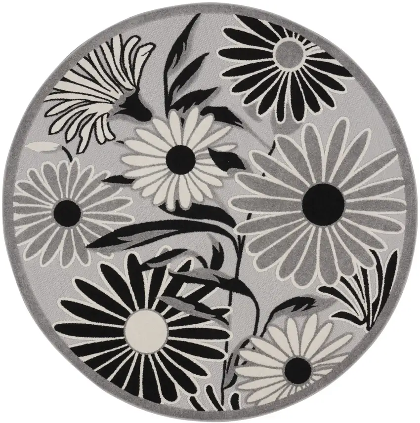 8' Black and White Round Floral Indoor Outdoor Area Rug Photo 3