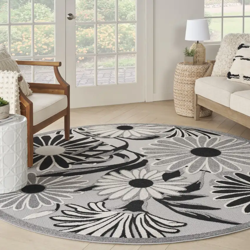 8' Blue and Orange Round Floral Power Loom Area Rug Photo 7