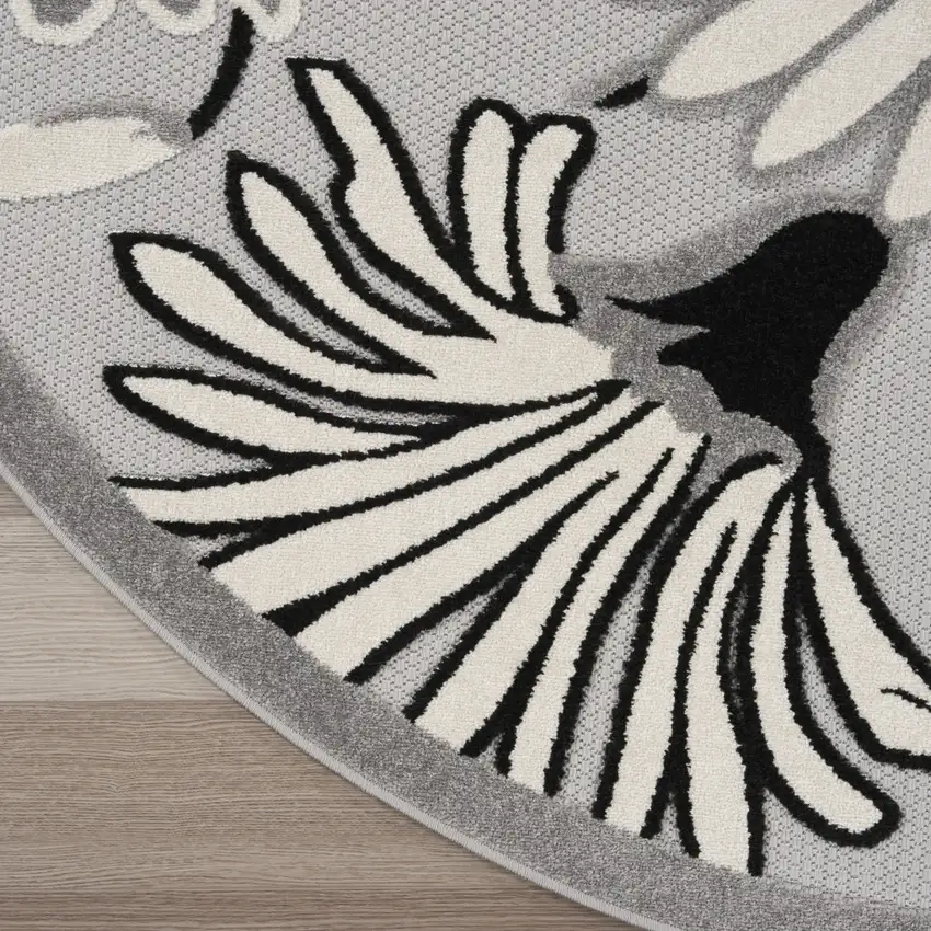 8' Black and White Round Floral Indoor Outdoor Area Rug Photo 6