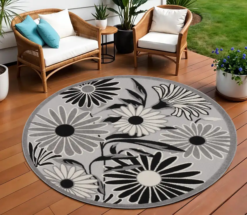 8' Black and White Round Floral Indoor Outdoor Area Rug Photo 1