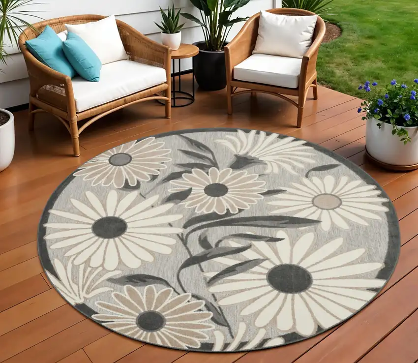 8' Beige Round Floral Indoor Outdoor Area Rug Photo 1