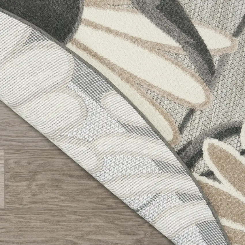 8' Beige Round Floral Indoor Outdoor Area Rug Photo 9