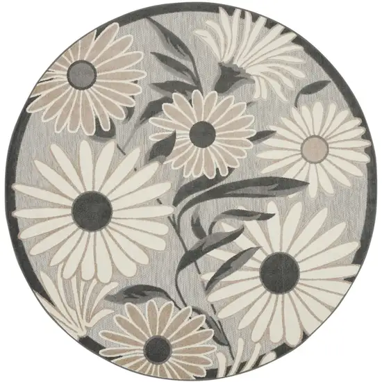 8' Beige Round Floral Indoor Outdoor Area Rug Photo 3
